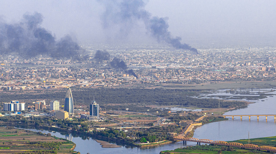 Aerial picture shows smoke plumes rising from several places in Khartoum and Omdurman due to clashes between the Sudanese army and the Rapid Support Forces