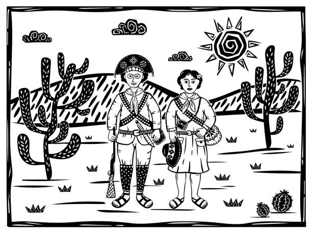Vector illustration of Bandit couple from northeastern Brazil. Lampião and Maria Bonita. Woodcut vector in cordel style