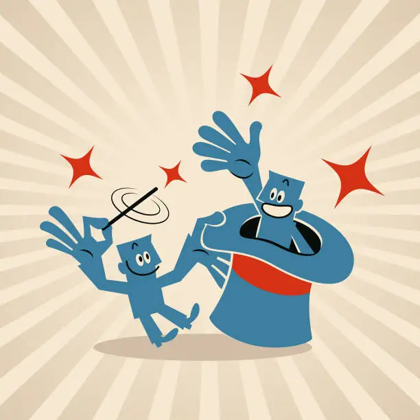 Vector illustration of One blue man waves his magic wand and another blue man comes out of the magic hat