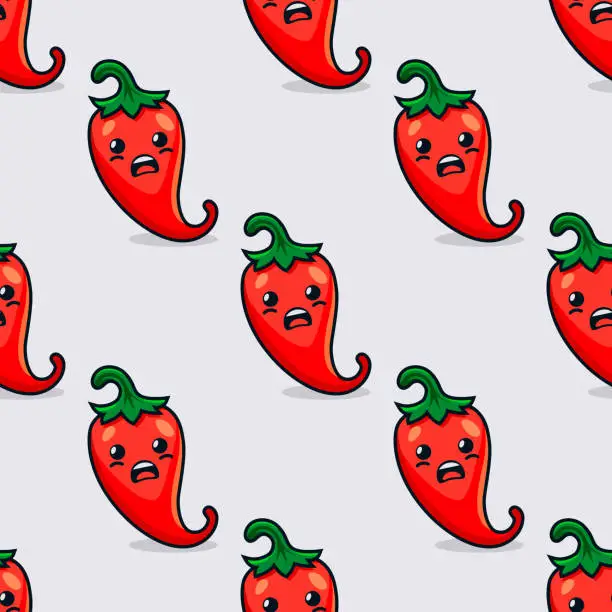 Vector illustration of Vector Seamless Pattern with Cartoon Cute and Funny Scares Red Hot Chili Peppers. Kawaii Style. Fresh Chili Hot Pepper with Shocked Face, Upset Emotion. Vector Illustration