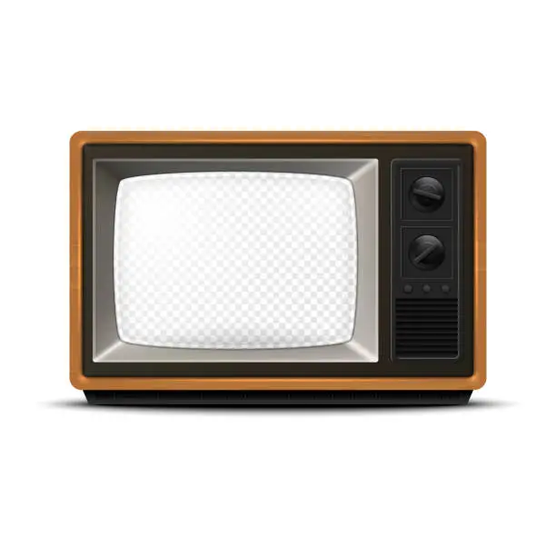 Vector illustration of Vector Retro TV Receiver with Wooden Frame and Transparent Screen, Isolated. Home Interior Design Concept. TV Frame Design Template, Border. Television Concept. TV Set in Front View