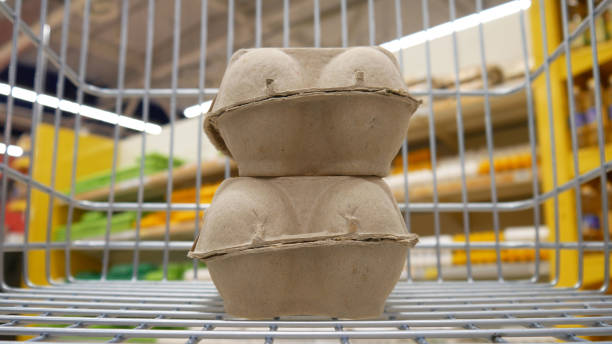 Close-up of two carton eggs packagings inside of a shopping trolley in a supermarket stock photo