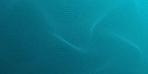 Vector illustration of Dynamic blue particle wave. Abstract sound visualization. Digital structure of the wave flow of luminous particles. Abstract dots halftone effect particles vibrant gradient color background and texture.