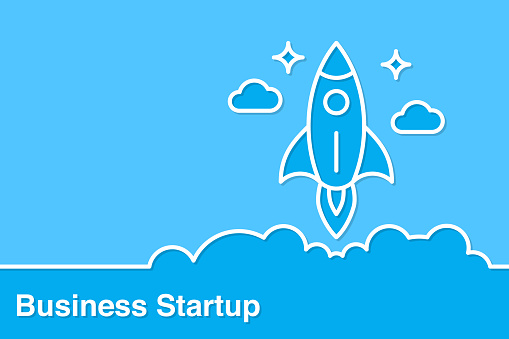 Startup Concepts With Line Rocket on Blue Background