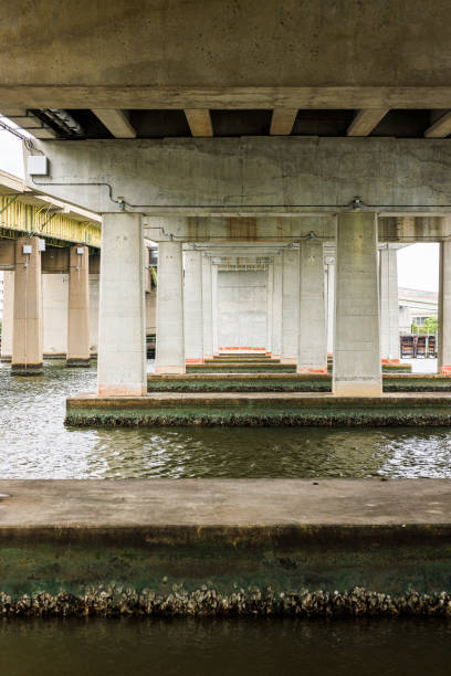 istock Architectural symmetrical columns and bridge piers on the river. View under Berkley Bridge on Elizabeth River in Norfolk, VA 1494136471