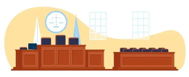Vector illustration of Courtroom with space for judge and jurors. Attorney workplace. Clerk and witnesses tables. Courthouse room empty interior. Wooden tribunes and armchairs. Court furniture. Vector concept