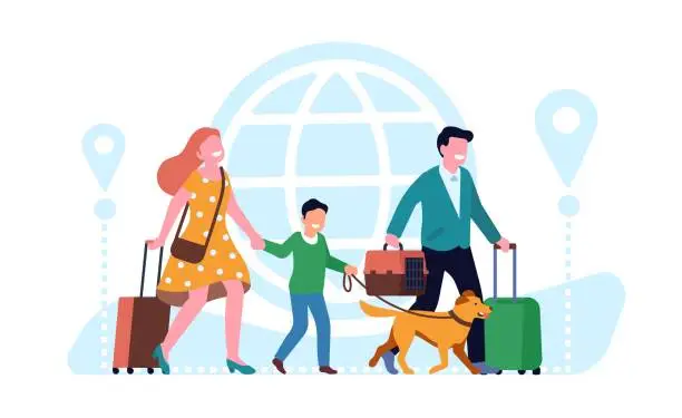 Vector illustration of Family travel. Parents and son go on vacation with pets. Mother and father carry baggage. World journey. Cat and dog. International tourism. Location pins. Traveler group. Vector concept