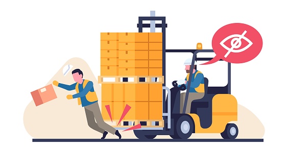 Forklift truck with cargo in warehouse hits man. Driver injures invisible loader. Cardboard boxes. Freight transportation. Containers on pallet. Industrial accident. Unseen workman. Vector concept