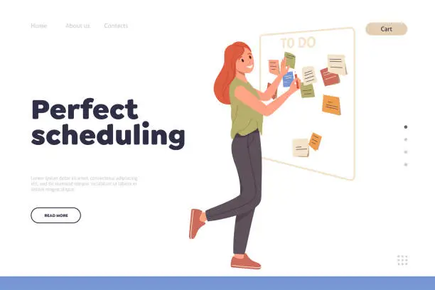 Vector illustration of Perfect scheduling landing page template with young woman employee organizing task and appointments