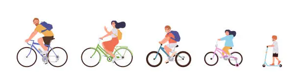 Vector illustration of Happy active family, parents with children riding bicycles enjoying outdoor leisure time on vacation