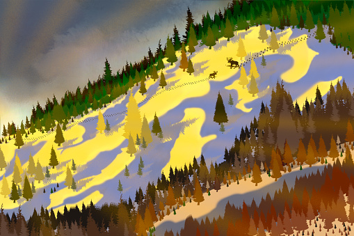 Digital art painting 3D 3 dimensional inspired by the beautiful mountains of Yukon Territory, Canada with two moose and tracks in snow at sunset winter time scenic view.