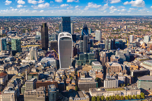 Panoramic aerial view of London, skyscrapers in the financial district, England, United Kingdom