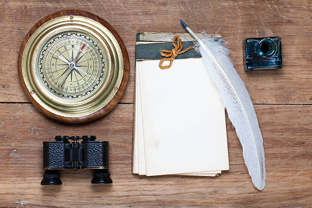 istock Compass, binoculars, notebook, quill and inkwell on wood 149413990