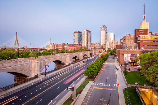 Boston, MA, USA - May 23, 2023:aerial view of the historic city of Boston in Massachusetts, USA at sunset showcasing its mix of contemporary and historic buildings by the Museum of Science.