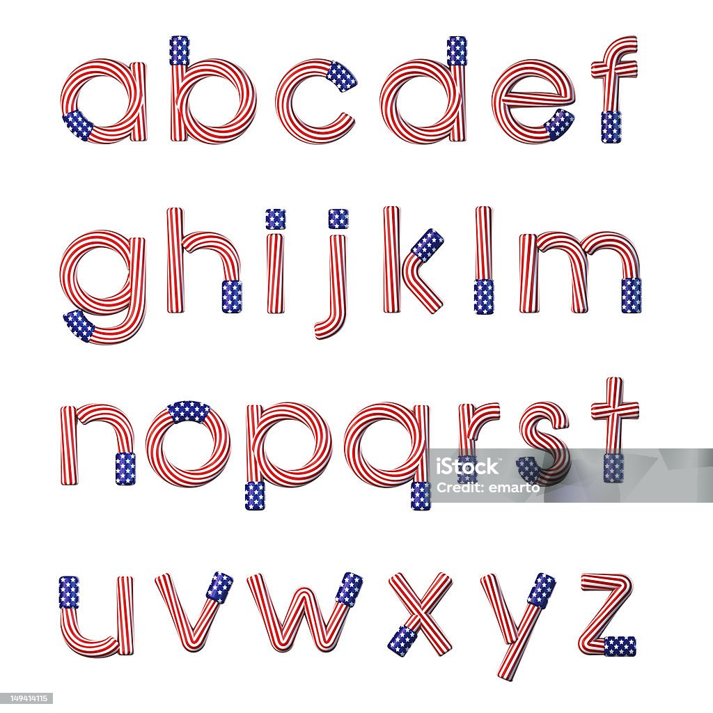 American flag text American flag letters - lowercase alphabet with reflections. Clipping path included for easy letter selection. Fourth of July Stock Photo