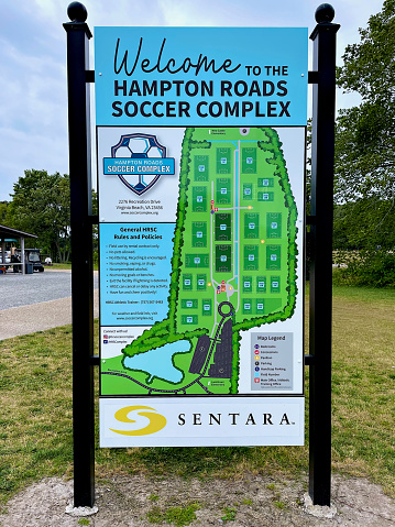 Virginia Beach, Virginia, USA - May 27, 2023: A sign welcomes visitors to the “Hampton Roads Soccer Complex” and displays soccer field locations and support facilities.