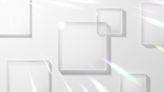 3D Illustration.Multiple squares of glass placed on a white background. Rays of light. Overhead view. (Horizontal)