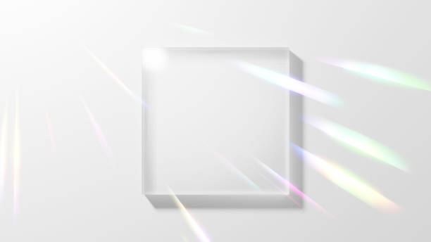 3D Illustration.Rectangle of clear glass on white background. Rays of light. Overhead view. (Horizontal)