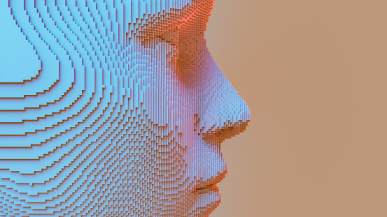 Imagen conceptual de una IA con un rostro humano digitalizado. Renderizado 3D photo