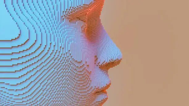 Concept image of an AI wearing a digitized human face. 3d rendering