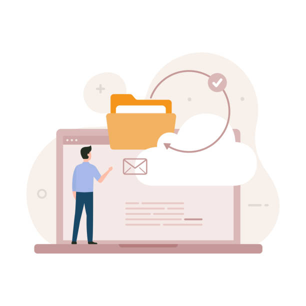 Files backup with information duplicate upload to cloud server tiny person concept Files backup with information duplicate upload to cloud server tiny person concept backup stock illustrations