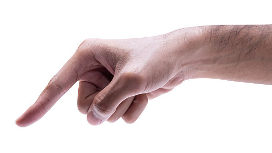 Close up male hand touching or pointing to something isolated on white background with clipping path.
