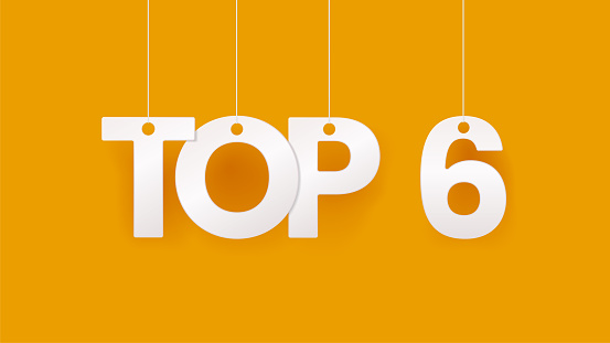 Top 6 or top fsix banner. Hanging on rope or thread letter. Rating chart. Yellow background. Vector illustration