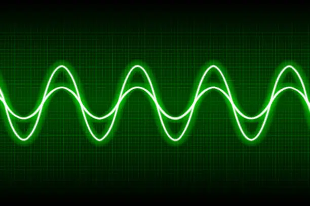 Vector illustration of Abstract neon green cosine curve pattern on dark oscilloscope digital screen