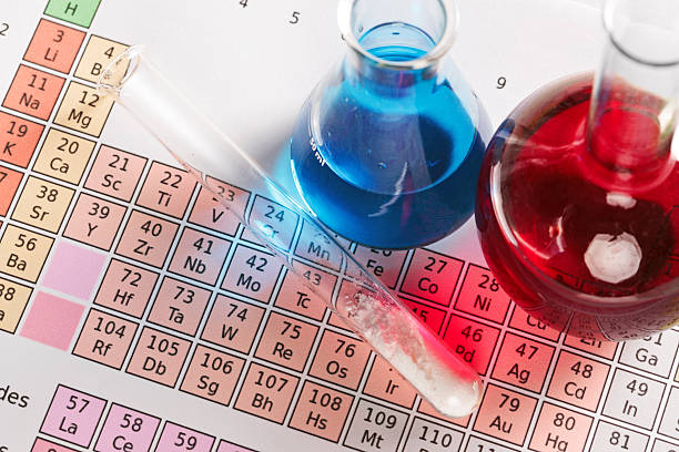 Periodic table and chemicals Photo of a periodic table of the elements with flasks and test tube containing chemicals both liquid and powder. periodic table photos stock pictures, royalty-free photos & images