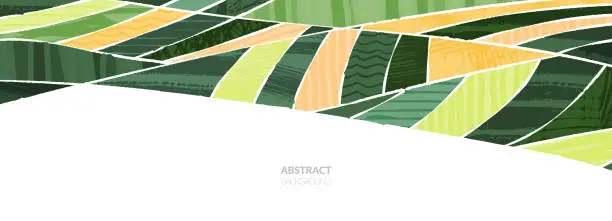 Vector illustration of Rice field collage pattern or abstract agriculture vector background with texture. Stripe japan farmland, green ecology design. Rural farm, Thailand countryside, agro illustration. Eco vineyard banner