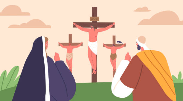 illustrazioni stock, clip art, cartoni animati e icone di tendenza di crocifissione di gesù, una profonda scena biblica raffigurante l'estremo sacrificio di gesù, crocifisso sulla croce - redemption center