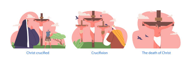 Jesus Crucifixion Biblical Scenes Depicting Jesus' Sacrifice On The Cross, Symbolizing Redemption And Salvation Jesus Crucifixion Biblical Scenes Depicting Jesus' Sacrifice On The Cross, Symbolizing Redemption And Salvation For Humanity, Isolated Elements with Characters. Cartoon People Vector Illustration tomb of the virgin mary in jerusalem stock illustrations