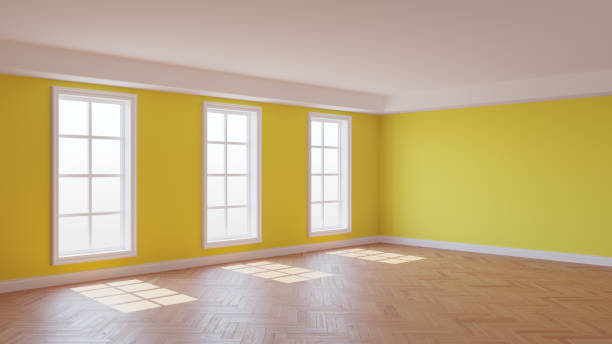 istock Sunny Interior with Yellow Stucco Walls, Three Large Windows 1494155871