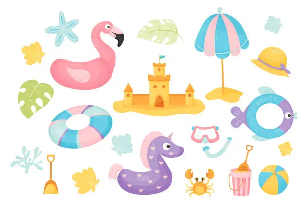 Vector illustration of Collection summer sea holiday attributes. Beach rubber ring, funny rubber flamingo with unicorn, sand castle and parasol, straw hat, crab and shells. Vector illustration in flat cartoon style.