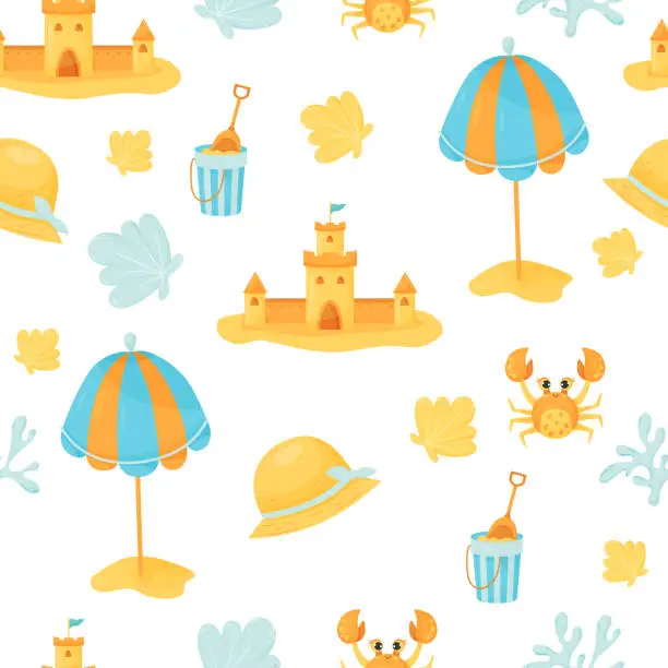 Vector illustration of Summer seamless pattern with sand castle, sun umbrella, shell, crab and straw hat on white background. Vector illustration in flat cartoon style for design, wallpaper, wrapping paper, fabric.