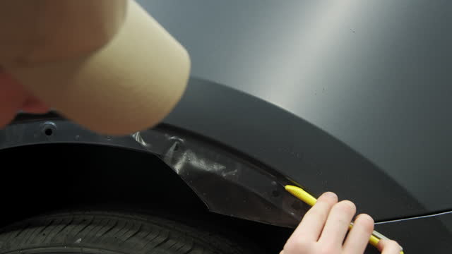 Process of applying a protective PPF film to a car. worker applying a protective film on a black color car. Closeup shot footage