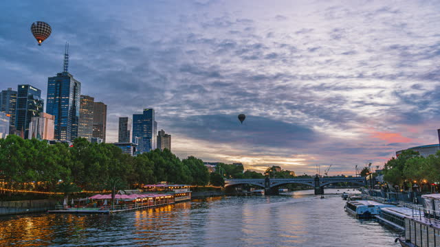 4K Footage Time Lapse of Crowded Traffic over the Princes Bridge from Southbank Pedestrian Bridge in Night to day see Modern Office Building and Balloon in down town, Melbourne