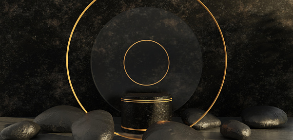 Black stone podium with golden ring A black cylindrical podium with black leaf shadows for product presentations Geometric platform stage 3D illustration