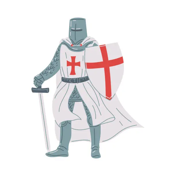 Vector illustration of Vector illustration of medieval knight in a white cloak and wearing armor, in the hands of a sword and a shield with a red cross, isolated on white background
