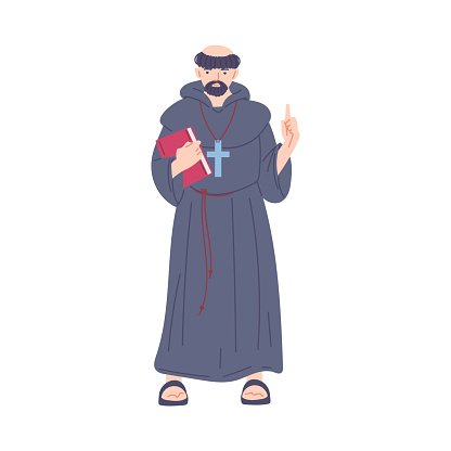 Vector illustration of medieval priest with bible and cross. Cartoon concept of Middle ages, isolated on white background