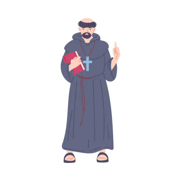Vector illustration of Vector isolated illustration of medieval priest with bible and cross, concept of Middle ages