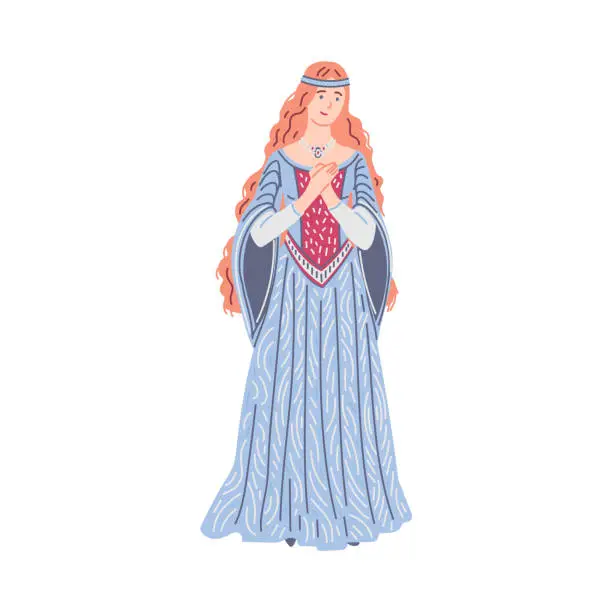 Vector illustration of Vector isolated illustration of medieval pretty princess, duchess with long blonde hair in a luxurious dress and jewelry, headband.