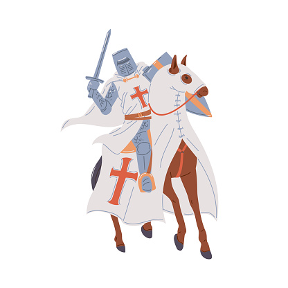 Vector illustration of medieval knight in white cloak and wearing armor, helmet, sword in hand riding horse in a white protective suit. Cartoon concept of Chivalry Middle ages, isolated on white background