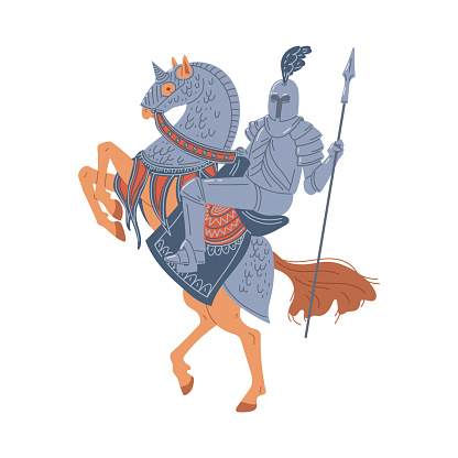 Vector illustration of medieval knight wearing armor with feather, spear in hand galloping on horse in protective suit. Cartoon concept of Chivalry Middle ages, isolated on white background
