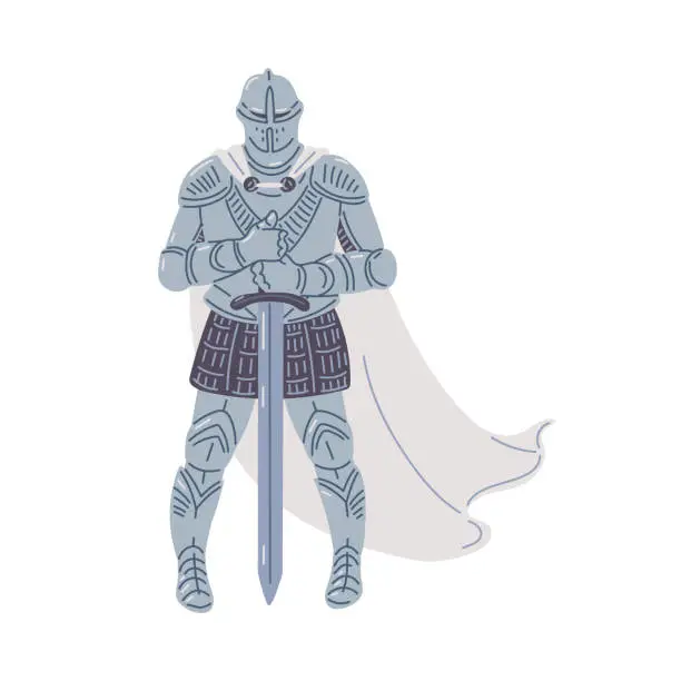 Vector illustration of Vector illustration of medieval knight with white cape wearing armor, sword in hands , isolated on white background