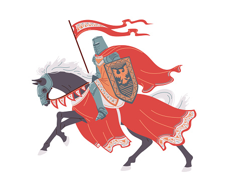 Armed knight with shield and armor riding horse, cartoon flat vector illustration isolated on white background. Historical ancient character. Crusader on horseback holding flag.