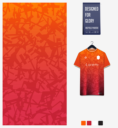 Soccer jersey pattern design. Mosaic pattern on orange background for soccer kit, football kit, bicycle, e-sport, basketball, t shirt mockup template. Fabric pattern. Abstract background. Vector Illustration.