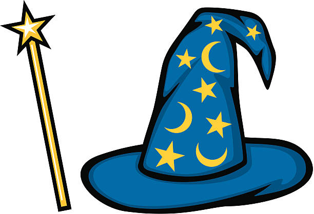 Wizard hat and magic stick Hat of the wizard and magic stick warnock stock illustrations