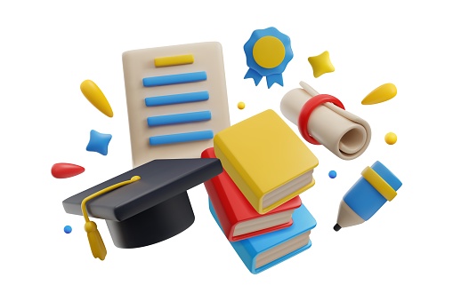 College graduation objects in cute 3d style, vector illustration isolated on white background. Graduation cap, thesis paper, books, pencil and diploma certificate roll.