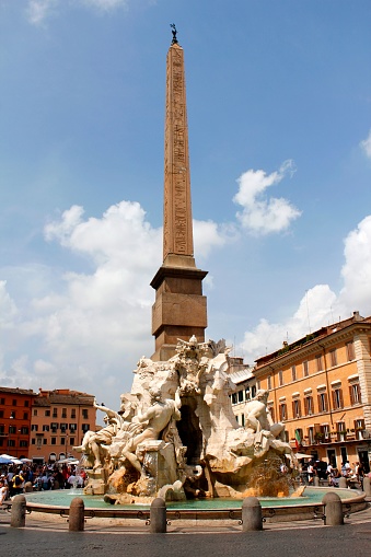 The beautiful structure of the fountain of the four rivers in Piazza Navona, Rome Italy